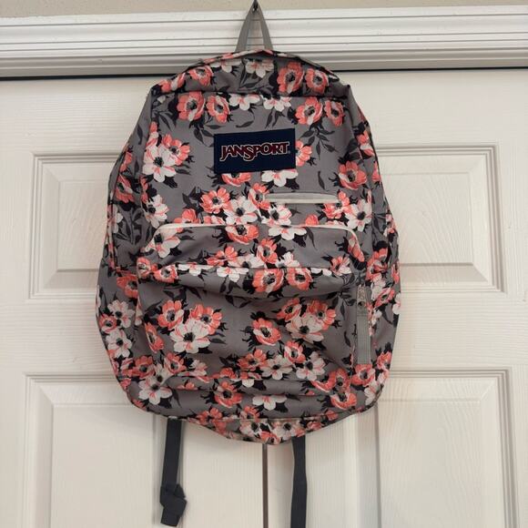 Jansport Backpack Plumeria Flowers Pink Gray Cherry Blossom School Travel Work - Picture 2 of 15